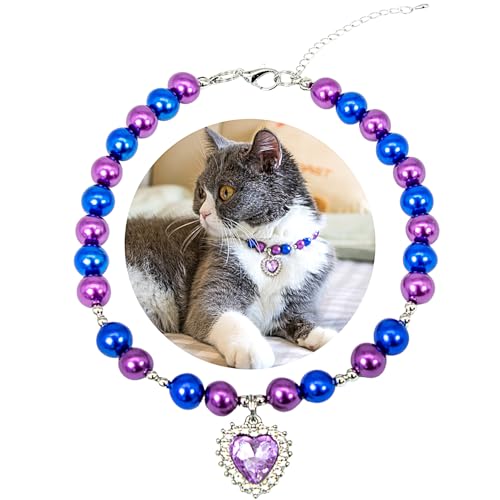 SM4BED Hundehalsband und Katze, Perlen-Halskette, lila und blaue Perlen mit glänzendem Strass-Diamant-Anhänger und silbernen Perlen, verstellbarer Welpenschmuck für kleine, mittelgroße Haustiere SM4BED Hundehalsband und Katze, Perlen-Halskette, lila und blaue Perlen mit glänzendem Strass-Diamant-Anhänger und silbernen Perlen, verstellbarer Welpenschmuck für kleine, mittelgroße Haustiere von SM4BED