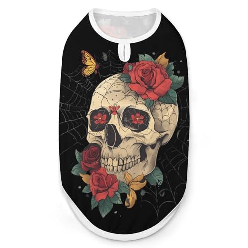 Hunde-Shirts mit Rosen-Totenkopf-Spinnennetz-Aufdruck, Haustierkleidung, ärmelloses Tanktop für kleine Welpen und Katzen Hunde-Shirts mit Rosen-Totenkopf-Spinnennetz-Aufdruck, Haustierkleidung, ärmelloses Tanktop für kleine Welpen und Katzen von SMAZDFXX