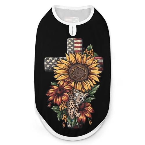 Hunde-Shirts zum 4. Juli, Leoparden-Sonnenblumen-Kreuz-Aufdruck, Haustierkleidung, ärmelloses Tanktop für kleine Welpen und Katzen von SMAZDFXX