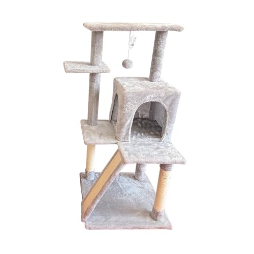Kratzbaum für Katzen, mit mehreren Ebenen, hohe Plattformen, Sisal-Kratzbaum, Ruhehaus und Spielzeug, zum Aufhängen, stabil für Katzen (Hellgrau, 105 x 40 x 40 cm) von SMELL & SMILE