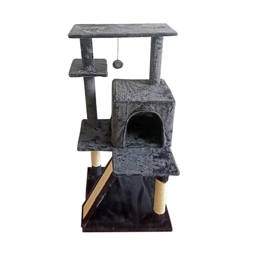 Kratzbaum für Katzen, mit mehreren Ebenen, hohe Plattformen, Sisal-Kratzbaum, Ruhehaus und Spielzeug zum Aufhängen, stabil für Katzen (Dunkelgrau, 105 x 40 x 40 cm) von SMELL & SMILE