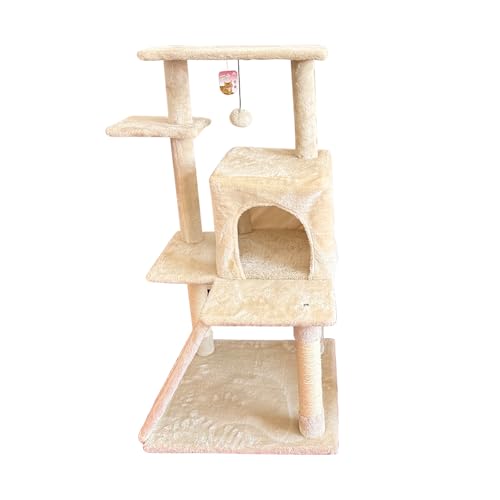 Kratzbaum für Katzen, mit mehreren Ebenen, hohe Plattformen, Sisal-Kratzbaum, Schlafhütte und Spielzeug zum Aufhängen, stabil für Katzen (Beige, 105 x 40 x 40 cm) von SMELL & SMILE