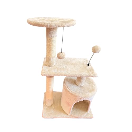 Kratzbaum für Katzen, mit mehreren Ebenen, hohe Plattformen, Sisal-Kratzbaum, Schlafhütte und Spielzeug zum Aufhängen, stabil für Katzen (Beige, 82 x 30 x 49 cm) von SMELL & SMILE