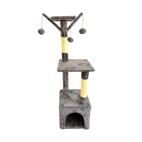 Kratzbaum für Katzen, vertikal, kompakt, mit Plattformen und Bespannung, Spielzentrum, mehrere Ebenen, mit Spielzeugkugel, platzsparend und schützt Möbel (Dunkelgrau, 110 x 30 x 30 cm) von SMELL & SMILE