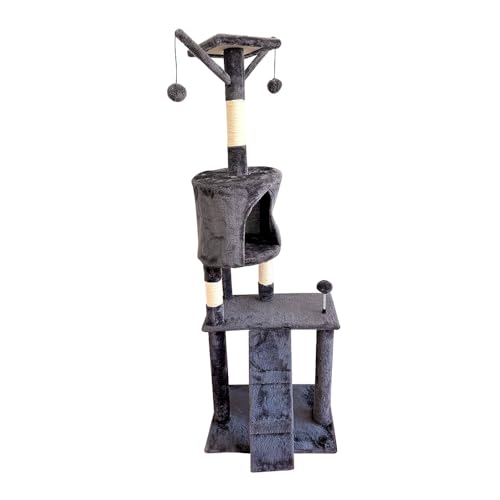 Kratzbaum für Katzen, vertikal, kompakt, mit Plattformen und Bespannung, Spielzentrum, mehrere Ebenen, mit Spielzeugkugel, platzsparend und schützt Möbel (Dunkelgrau, 140 x 50 x 35 cm) von SMELL & SMILE