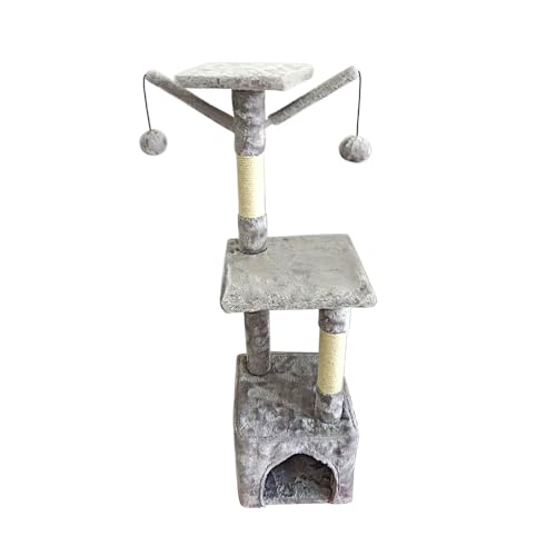 Kratzbaum für Katzen, vertikal, kompakt, mit Plattformen und Bespannung, Spielzentrum, mehrere Ebenen, mit Spielzeugkugel, platzsparend und schützt Möbel (Hellgrau, 110 x 30 x 30 cm) von SMELL & SMILE