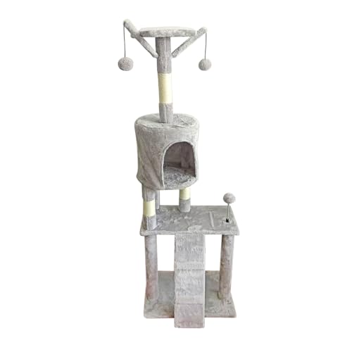Kratzbaum für Katzen, vertikal, kompakt, mit Plattformen und Bespannung, Spielzentrum, mehrere Ebenen, mit Spielzeugkugel, platzsparend und schützt Möbel (Hellgrau, 140 x 50 x 35 cm) von SMELL & SMILE