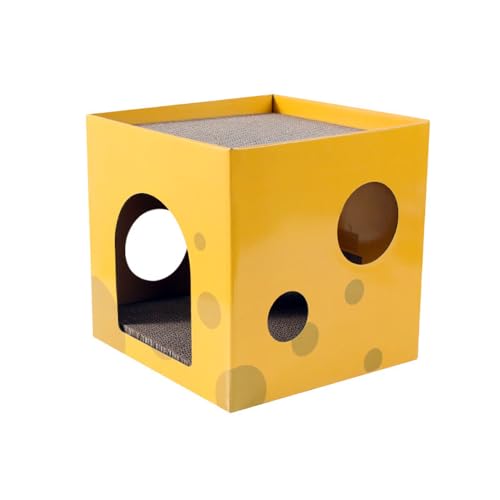 Kratzhaus aus Wellpappe für Katzen, 2-in-1, mit natürlicher Katzenminze, für Spiele und Ruhe, robust, einfache Montage, 2-stöckiger Unterschlupf, Gelb, 30 x 30 x 30 cm von SMELL & SMILE