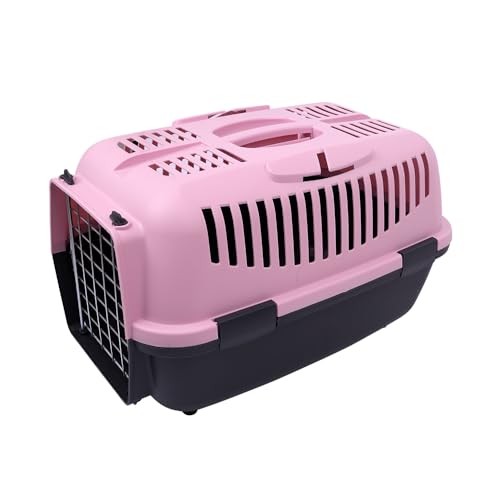 Transportbox für Haustiere, Reisen, Katzentransportbox für kleine Hunde, aus Kunststoff, mit klappbarem Griff (Rosa, 61 x 38 x 38 cm) von SMELL & SMILE