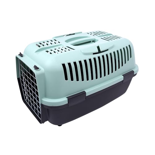Transportbox für Haustiere, Reisen, Katzentransportbox für kleine Hunde, aus Kunststoff, mit klappbarem Griff (grün, 61 x 38 x 38 cm) von SMELL & SMILE