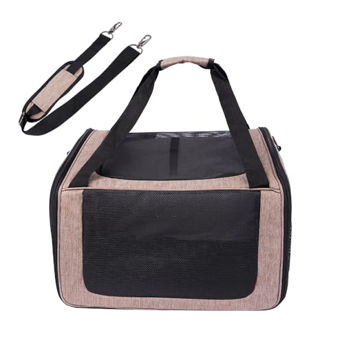 Transporttasche für Hund und Katze, atmungsaktiv, für Reisen, Belüftung, Seitentaschen, zwei Türen mit Gurt für Auto (Braun, 35 x 40 x 45 cm) von SMELL & SMILE