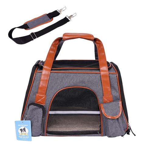Transporttasche für Hund und Katze, atmungsaktiv, für Reisen, Belüftung, Seitentaschen, zwei Türen mit Gurt für Auto (Grau, 24 x 28 x 43 cm) von SMELL & SMILE