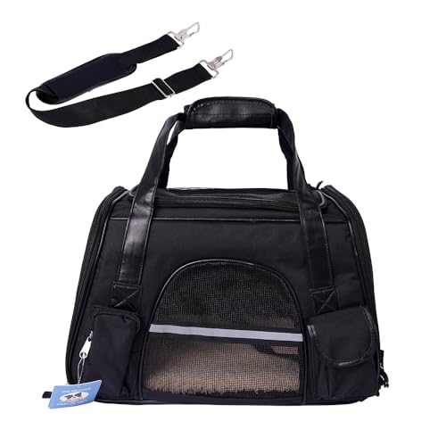 Transporttasche für Hund und Katze, atmungsaktiv, für Reisen, Belüftung, Seitentaschen, zwei Türen mit Gurt für Auto (Schwarz, 24 x 28 x 43 cm) von SMELL & SMILE