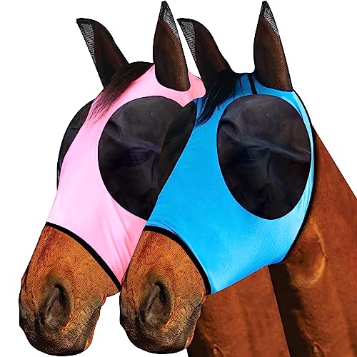 SMFUSMFU Fliegenmaske für Pferde mit Ohren, weiches feines Netz mit UV-Schutz, Lycra-Fliegenmasken für Pferde mit atmungsaktivem und dehnbarem Stoff, Einheitsgröße, 2 Stück von SMFUSMFU