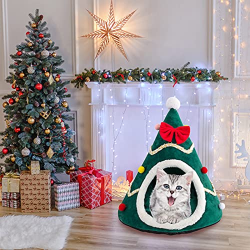 SMLJFO Weihnachtsbaum-Katzenhaus-Betten, Katzenzelt, Katzenhöhle, Nest, Winter, warmer Schlafsack mit abnehmbarem Kissen und rutschfester Unterseite, für kleine Hunde, Kätzchen, grün/L von SMLJFO