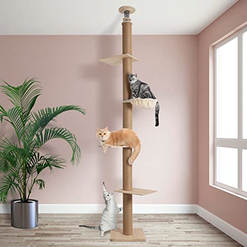 SMONTER Katzenbaum mit 5 Etagen, Boden zu Decken, für Indoor-Katzen, Kätzchen-Aktivitätszentrum mit 4 Stufenpedalen, natürliches Sisalseil-Kratzbaum und geräumige Hängematte von SMONTER