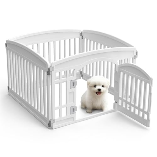 SMUG Laufstall für Hunde, 4 Paneele, 61 cm, sicherer und sicherer Haustierzaun, zusammenklappbar und tragbar, ideal für kleine bis mittelgroße Hunde, leicht zu reinigen, Weiß von SMUG