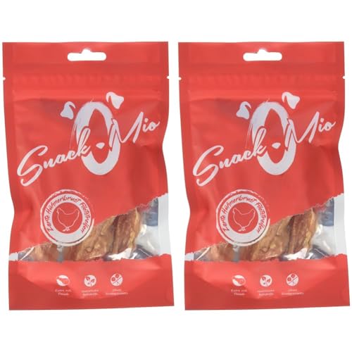 SnackOMio zarte Hühnerbrust Filetstreifen Premium Kausnack für Hunde, 70 g, 2er Pack (1 x 0.07 kilograms) von SNACKOMIO