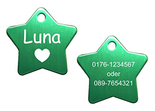 Hundemarke Stern mit Gravur (Text+Motiv), inkl. 2 gratis Schlüsselringe (grün) von SNEG