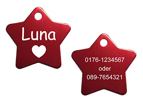 Hundemarke Stern mit Gravur (Text+Motiv), inkl. 2 gratis Schlüsselringe (rot) von SNEG