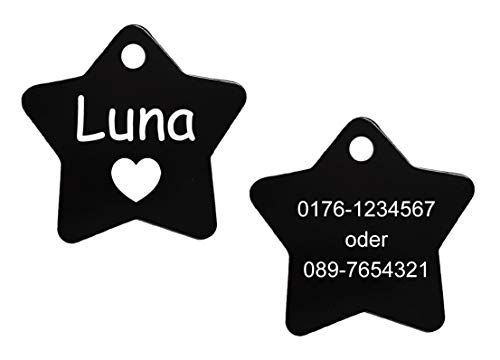 Hundemarke Stern mit Gravur (Text+Motiv), inkl. 2 gratis Schlüsselringe (schwarz) von SNEG
