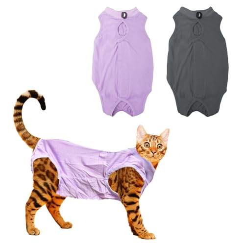 2 Stück Katzen-Operationsanzug für männliche und weibliche Katzen, Katzen-Einteiler für Katzen nach einer Neuter-Operation, Anti-Leck-Wund-Kleidung für Katzen (Pure Purple + Grau, S (0,9–1,6 kg)) von SNIXFEVER