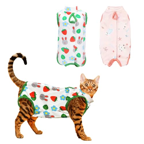 Katzen-Operationsanzug für männliche und weibliche Katzen, Katzen-Einteiler für Katzen nach einer Neuter-Operation, Anti-Leck-Wund-Kleidung für Katzen (Erdbeere + Fische, L (3,2–6,4 kg)) von SNIXFEVER