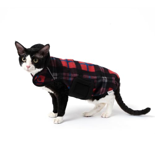 SNIXFever Sphynx Katzenmantel mit rotem Gittermuster, magische Riemen, einfach zu tragen, Katzen-Fleecejacke, verstellbare Rollkragenjacke für Katzen und kleine Hunde, Größe M von SNIXFEVER