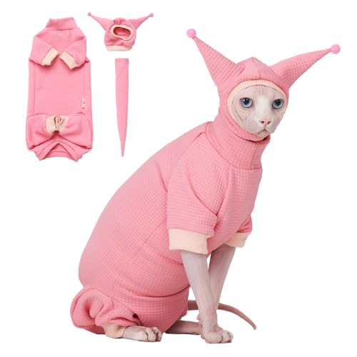 SNIXfever Sphynx Katzenkleidung mit Waffelmuster, niedliches Haustierhut und Hemd, Set, haarlose Katze, Devon kornisches Rosa und Schwarz, Größe XL, Rosa von SNIXFEVER