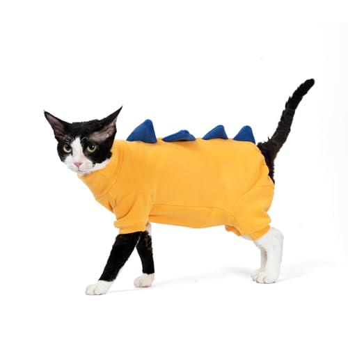 SNIXfever Sphynx Katzenkostüm, Dinosaurier-Design, Kleidung für Katzen, Katzen und kleine Hunde, Kleidung, haarlose Katzen, warme Kleidung, dehnbarer Stoff, Katzen-Einteiler (Medium, Gelb) von SNIXFEVER