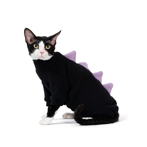 SNIXfever Sphynx Katzenkostüm, Dinosaurier-Design, Kleidung für Katzen, Katzen und kleine Hunde, Kleidung, haarlose Katzen, warme Kleidung, dehnbarer Stoff, Katzen-Einteiler (XL, Schwarz) von SNIXFEVER