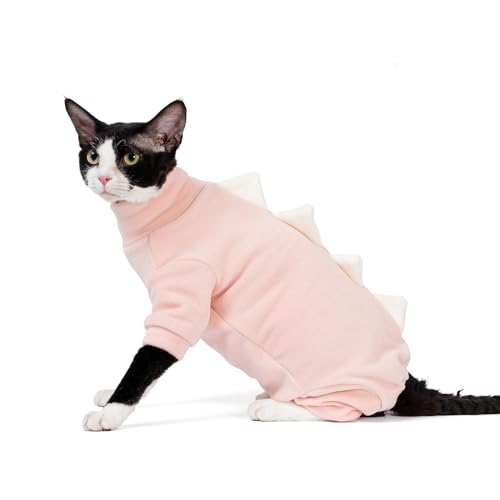 SNIXfever Sphynx Katzenkostüm, Dinosaurier-Design, Kleidung für Katzen, Katzen und kleine Hunde, Kleidung, haarlose Katzen, warme Kleidung, dehnbarer Stoff-Katzen-Einteiler (XL, Rosa) von SNIXFEVER