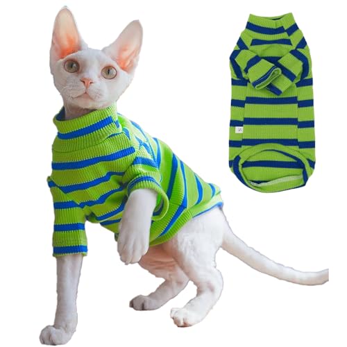 Snixfever Gestreiftes Waffelstrick-Shirt für Sphynx-Katze, 2-Bein-Langarm-Outfit für haarlose Katzen, weiche Ganzjahres-Haustierkleidung (Grün, Größe S (1,1–1,6 kg)) von SNIXFEVER