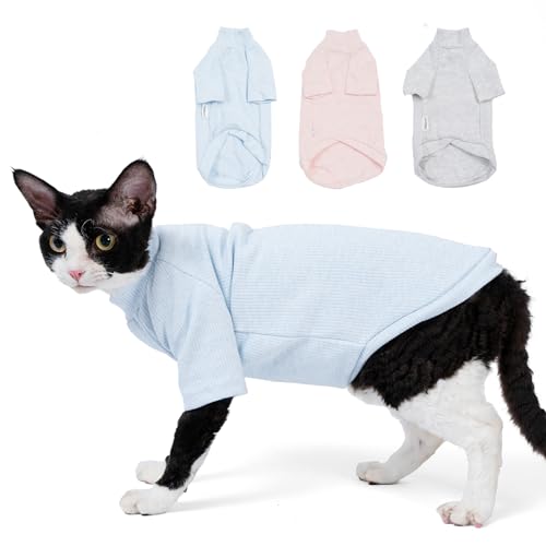 Sphynx Katzen-Schlafanzug, weiches Baumwollhemd, Herbst-/Winter-Kätzchen-Kleidung, Cornish Rex Devon Katzen-Pyjama, haarlose Haustierkleidung, Haustier-Katzenwärmer (klein, blau) von SNIXFEVER