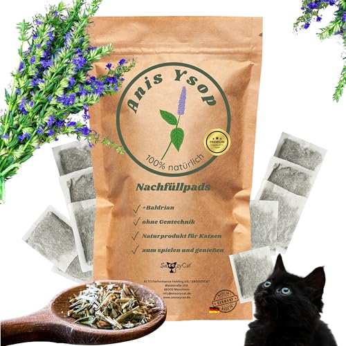SNOOZYCAT®10 Nachfüllpads Anis Ysop mit Baldrian – 100 % natürliche Kräuter zum nachfüllen für Katzenspielzeug – Beruhigend & animierend – Für Katzen jeden Alters – Made in Germany, handgemacht von SNOOZYCAT