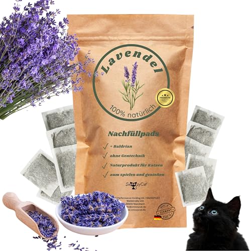 SNOOZYCAT® 10 Nachfüllpads für Katzen – Lavendel & Baldrian – 100 % natürliche Kräuter zum Nachfüllen für Katzenspielzeug – Tiefenentspannend & beruhigend – Made in Germany, handgemacht von SNOOZYCAT