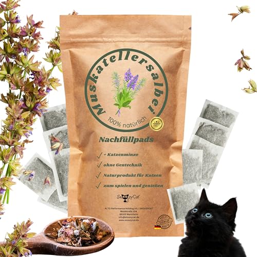 SNOOZYCAT® 10 Nachfüllpads für Katzen - Muskatellersalbei & Katzenminze – 100 % natürliche Kräuter zum Nachfüllen für Katzenspielzeug – Beruhigend & animierend – Made in Germany, handgemacht von SNOOZYCAT