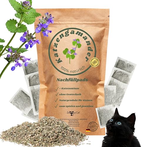 SNOOZYCAT® 10 Nachfüllpads Katzengamander mit Katzenminze- 100 % natürliche Kräuter zum nachfüllen für Katzenspielzeug - Belebend & entspannend - Für Katzen jeden Alters – Made in Germany, handgemacht von SNOOZYCAT