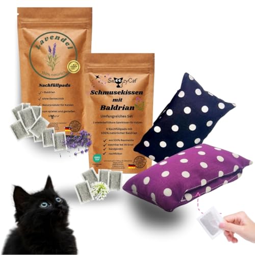 SNOOZYCAT® 2 Katzenkissen + 14 Nachfüllpads mit Lavendel & Baldrian – Handgemachtes Katzenspielzeug aus Deutschland, Oeko-Tex Baumwolle, wiederbefüllbar, natürlich & duftend von SNOOZYCAT