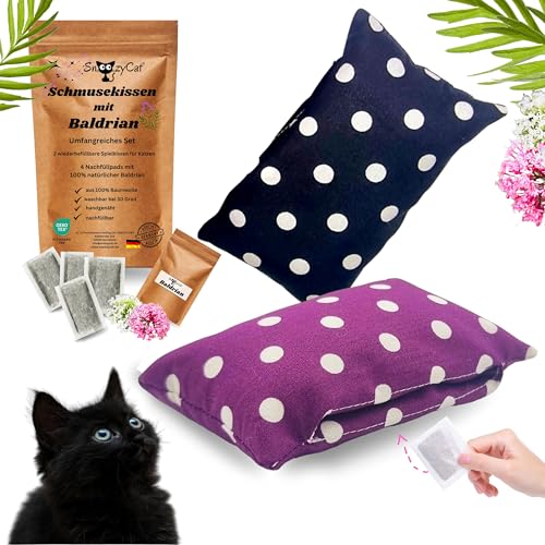 SNOOZYCAT® 2 nachfüllbare Baldrian Kissen mit 4 Nachfüllpads mit 100% natürlicher Baldrianwurzel für Katzen, patentiert, handgemacht und waschbar, Baumwolle Oeko-TEX® Standard 100, Made in Germany von SNOOZYCAT