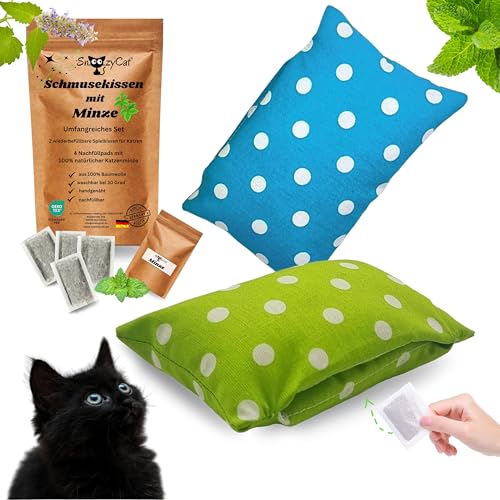 SNOOZYCAT® 2 Stück nachfüllbare Katzenminze Kissen für Katzen mit 4 Stück Katzenminze Nachfüllpads, handgemacht und waschbar, Baumwolle mit natürlicher 100% Bio Katzenminze von SNOOZYCAT