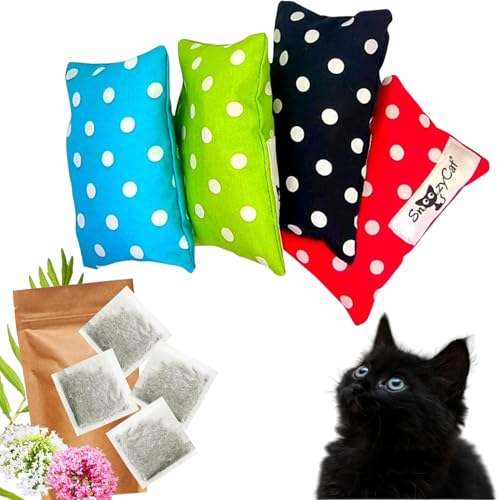 SNOOZYCAT® 4 Stück nachfüllbare Baldrian Kissen für Katzen und 4 Stück Baldrian Nachfüll Pads, handgemacht und waschbar, Duftkissen Baumwolle mit natürlicher 100% Katzenbaldrian, Made in Germany von SNOOZYCAT