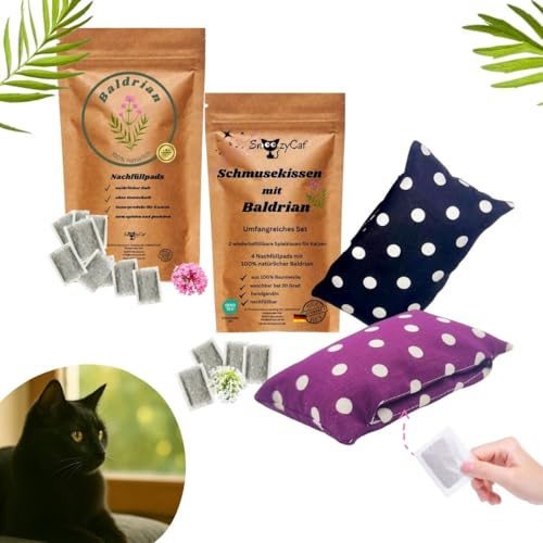 SNOOZYCAT® Baldrian Katzenkissen Set – 2er-Kissen & 14 Nachfüllpads – Handgemachtes Spielzeug mit Baldrianwurzel – Nachhaltig & Waschbar – Katzenspielzeug für Entspannung & Spaß von SNOOZYCAT