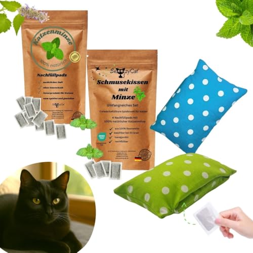 SNOOZYCAT® Katzenminze Kissen Set – 2 Kissen & 14 Nachfüllpads – Handgemachtes Katzenspielzeug mit Bio-Katzenminze – Nachfüllbar, Waschbar & Nachhaltig – Für verspielte Katzen von SNOOZYCAT