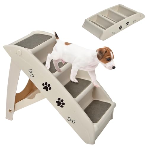 SOARS Haustiertreppe faltbar, 4-stufige Hundetreppe Katzentreppe mit Filz Matte, Tiertreppe für Katzen Hund bis 60kg, rutschfeste Katzenrampe für Bett, Auto, Sofa (Beige) von SOARS