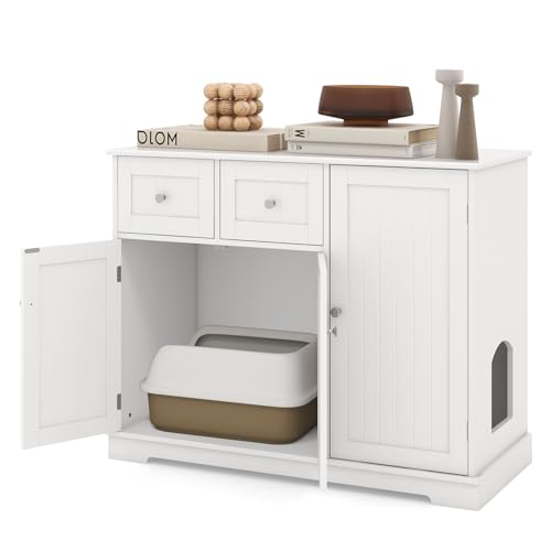 SOARS Katzenschrank, Katzenklo Schrank mit 2 Schubladen, 3 Türen & Seiteneingang & Anti-Kipp-Vorrichtung, Katzenhaus Katzenhöhle Katzenkommode für Innenbereich, 100 x 45 x 80cm von SOARS