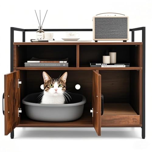 SOARS Katzenschrank für Katzentoilette mit Kratzmatte,89 x 45 x 74,5 cm Katzenhaus mit offenen Regalen & 2 Fächern & hohe Beine, Katzenklo Schrank Katzenmöbel für Wohnzimmer,Flur,Eingang (Kaffee) von SOARS