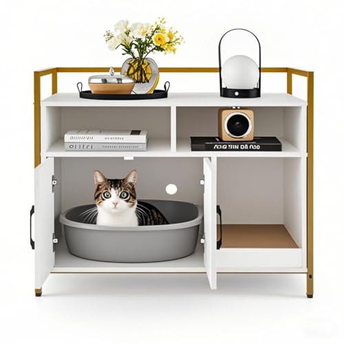 SOARS Katzenschrank für Katzentoilette mit Kratzmatte,89 x 45 x 74,5 cm Katzenhaus mit offenen Regalen & 2 Fächern & hohe Beine, Katzenklo Schrank Katzenmöbel für Wohnzimmer,Flur,Eingang (Weiß) von SOARS