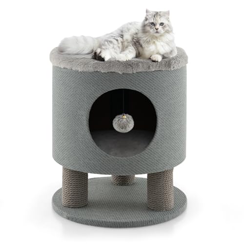 SOARS Kratztonne klein, Kratzbaum & Hocker, Katzenhöhle mit 3 Sisalstämmen & Spielball, Katzenbaum bis 60 kg belastbar, Katzenkratzbaum Katzenmöbel, 40 x 40 x 47 cm (Grau) von SOARS