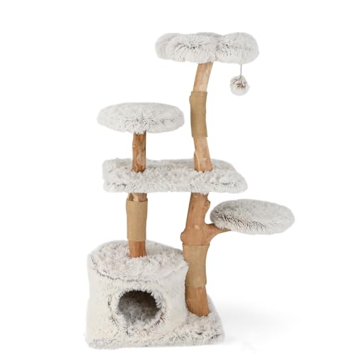 SOARS Kratzbaum Holz, Katzenbaum mit 2 natürlichen Birnbaumstämmen, Sitzplattform & Plüschflächen, Spielball, Katzenkratzbaum mit Juteseil, Katzenmöbel, Kletterbaum mehrstöckig, 45 x 60 x 135cm von SOARS